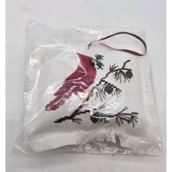 Handmade Other - Vintage Needlepoint Cardinal Bird Miniature Pillow Floral 4"X4" Hanging Decor